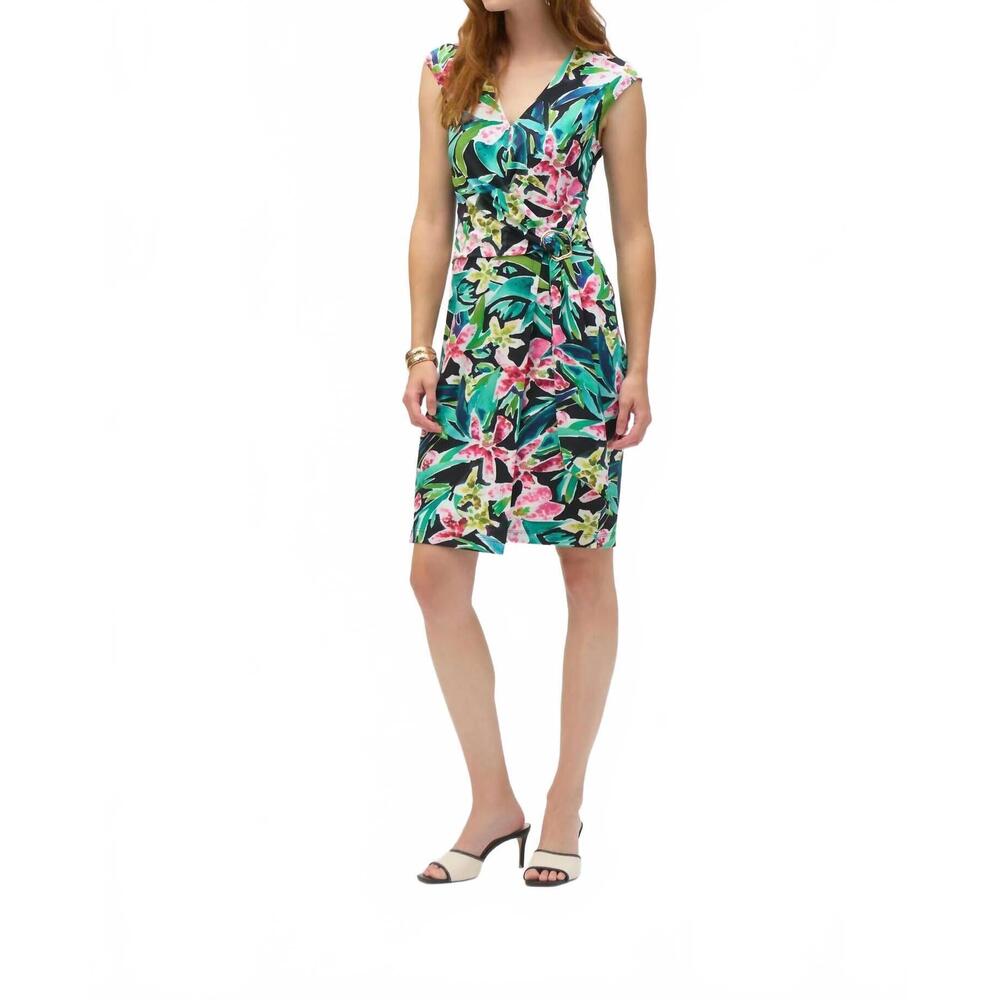 NEW JOSEPH RIBKOFF tropical print faux wrap dress in black/ multi